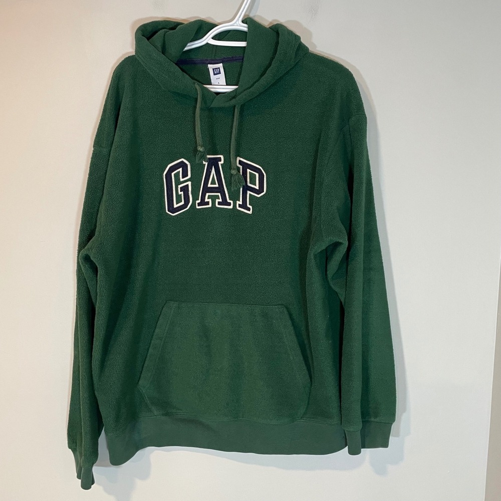 Gap Mens Fleece Hoodie Forest Green Embroidered Logo Pullover L Y2K Spell‎ Out